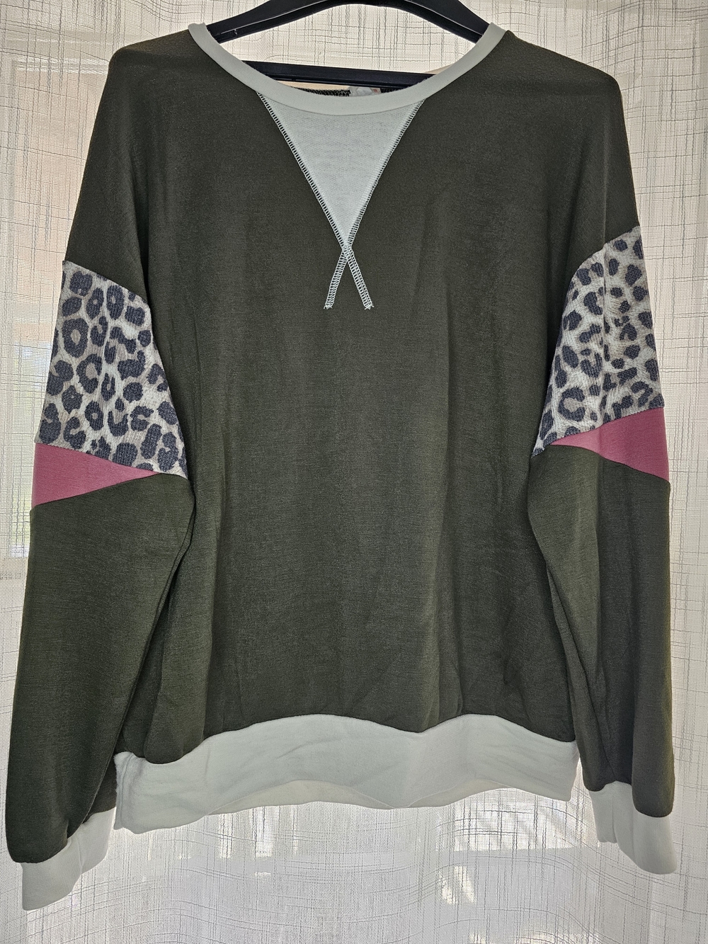 7th Ray Olive Crewneck Sweater with Leopard Sleeve Panels and Rose Accent
